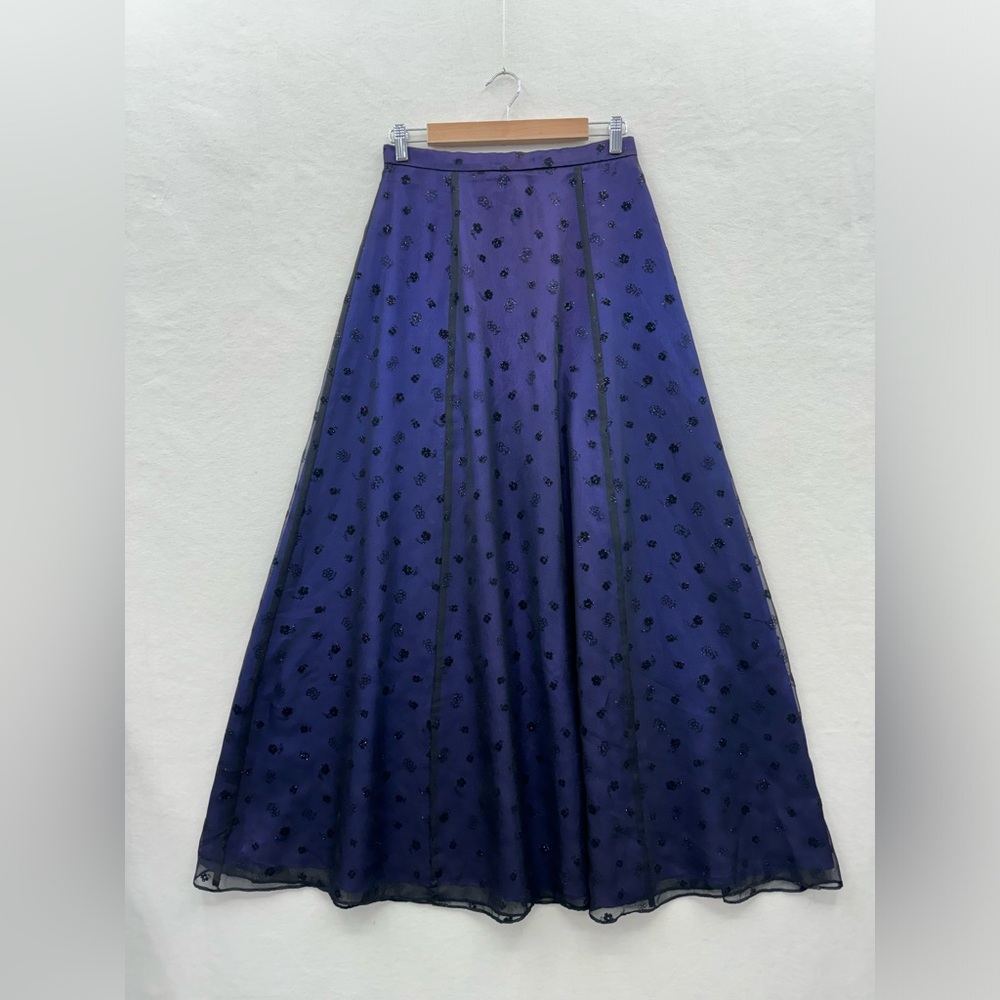 Vintage Betsy & Adam Women’s 10 Purple Black Sheer Glitter Floral Maxi Skirt
